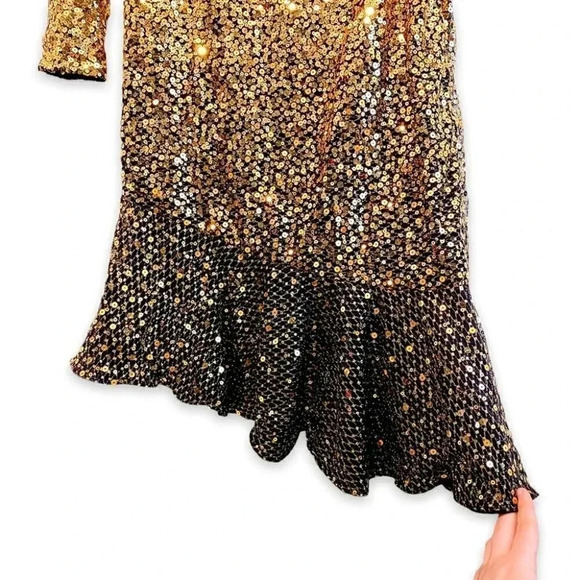 Marchesa Notte Gold Sequin Ruffle Asymmetric One Shoulder Cocktail Dress Size 2 - Picture 10 of 11